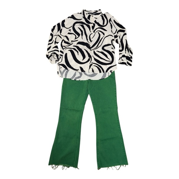 Cream and Black Asymmetrical Button Down Shirt with Notched Collar - Picture 1 of 7